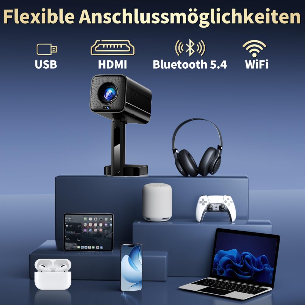 Mini proiettore [app integrate e aggiornate al 2026] supporta messa a fuoco automatica 4K 1080p e correzione trapezoidale girevole a 90°, proiettore portatile con WiFi 6 e Bluetooth 5.4 per HDMI/TV