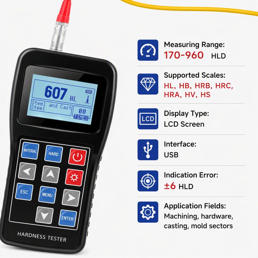 Durómetro portátil Leeb Hld 170-960 con bloque de prueba para durómetro de metales, bloque de prueba portátil estándar | kit de calibración de metales, medidor de taller industrial multiescala