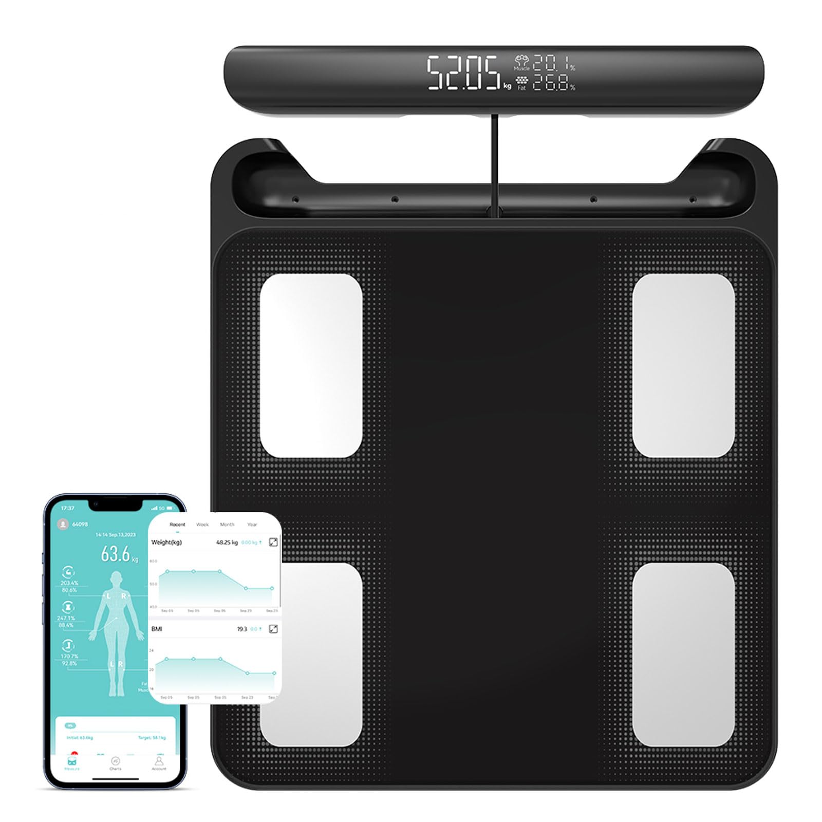 Fitdays – Balance intelligente de graisse corporelle | Technologie avancée à 8 électrodes pour IMC/plus de 20 mesures corporelles | LED couleur et haute précision | Balance de poids de salle de bain