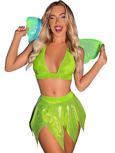 Kaei&Shi Sexy Fairy Halloween Costumes For Women, Butterfly Wings Cosplay Rave Outfits, 3 Piece Skirt Lingerie Set Boudoir - Lime Green - 6-8