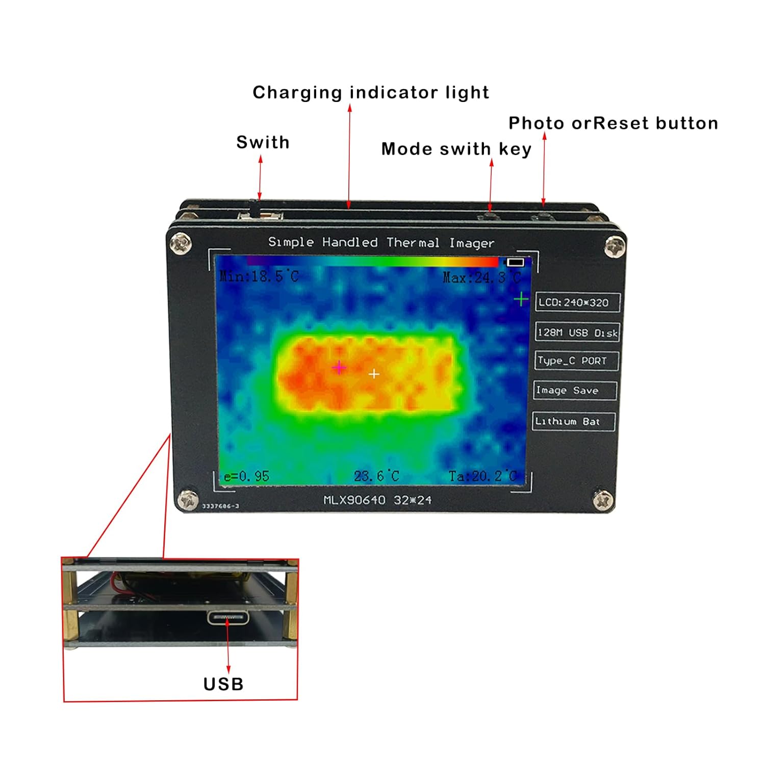 Portable Infrared Thermal Imaging Camera with 2.8" LCD Display, 320x240 Resolution, -40°C to 300°C Range, USB-C Rechargeable, Built-in Storage for Home & Industrial Use