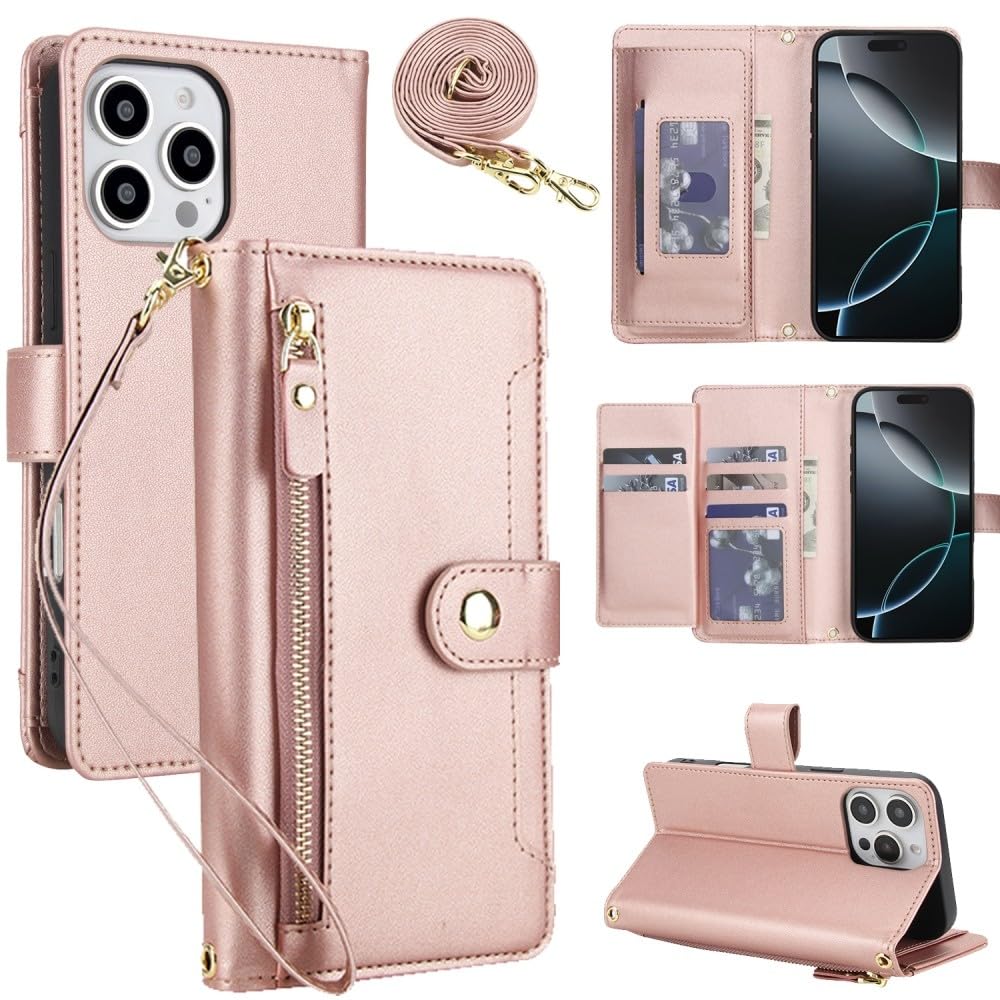 Generic - Funda con tapa para iPhone XR (color oro rosa), funda de piel con múltiples ranuras con correa larga
