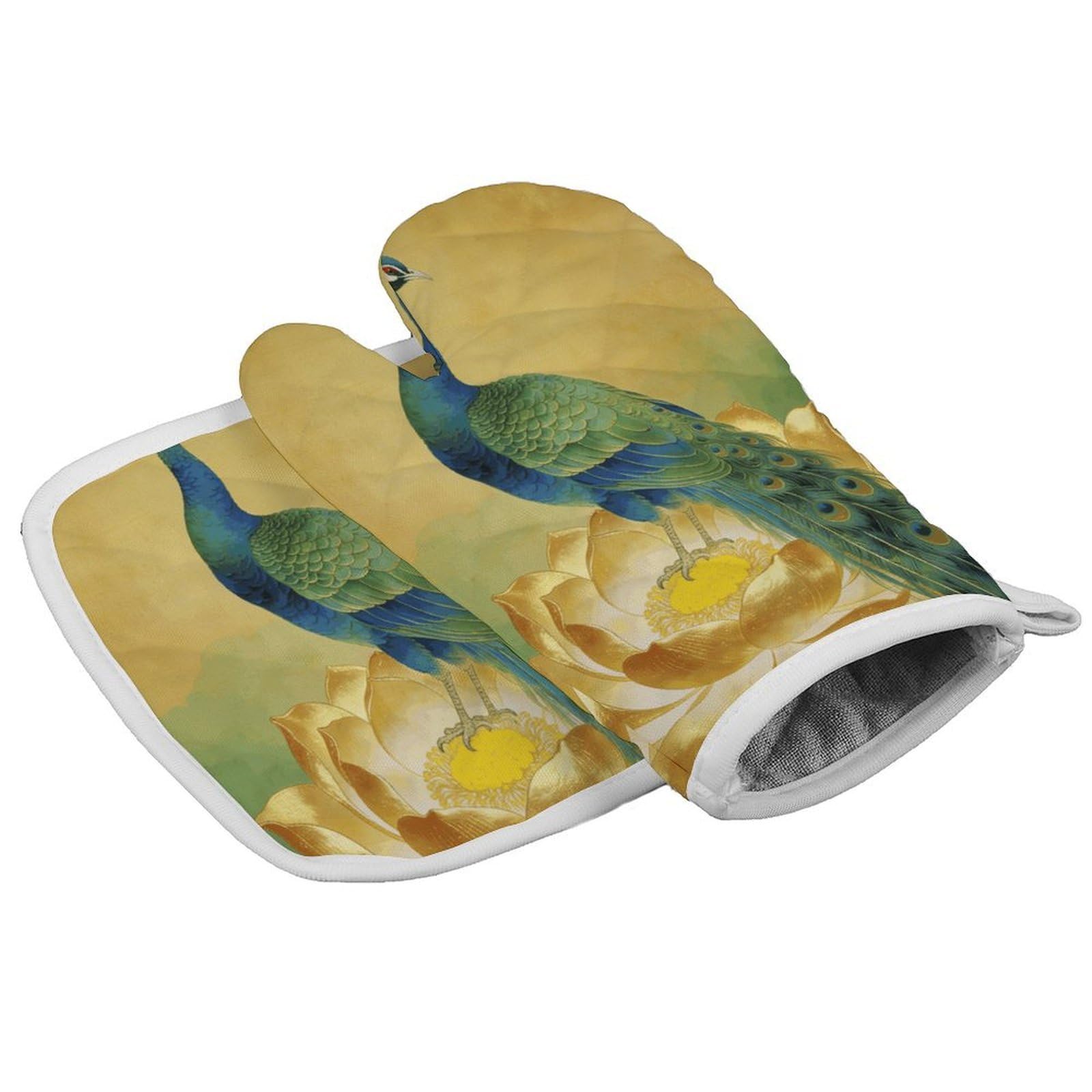 Fodpand Style Peacock On Golden Lotus Oven Mitt Set With Lanyard, Cooking Mitt, Protective Thermal Insulation,Kitchen Mitt For Baking, Cooking, Grilling, Microwave