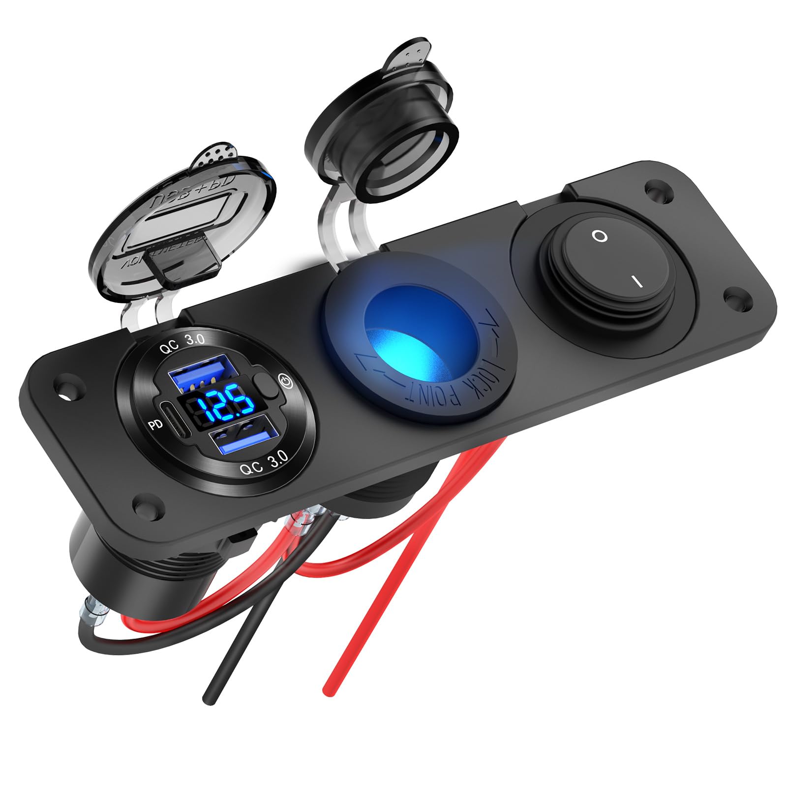 Presa USB da 12 V QC per auto 3.0, presa USB per caricabatterie, adattatore accendisigari a carica rapida, pannello di presa di corrente con voltmetro digitale a LED, per 12 V/24 V