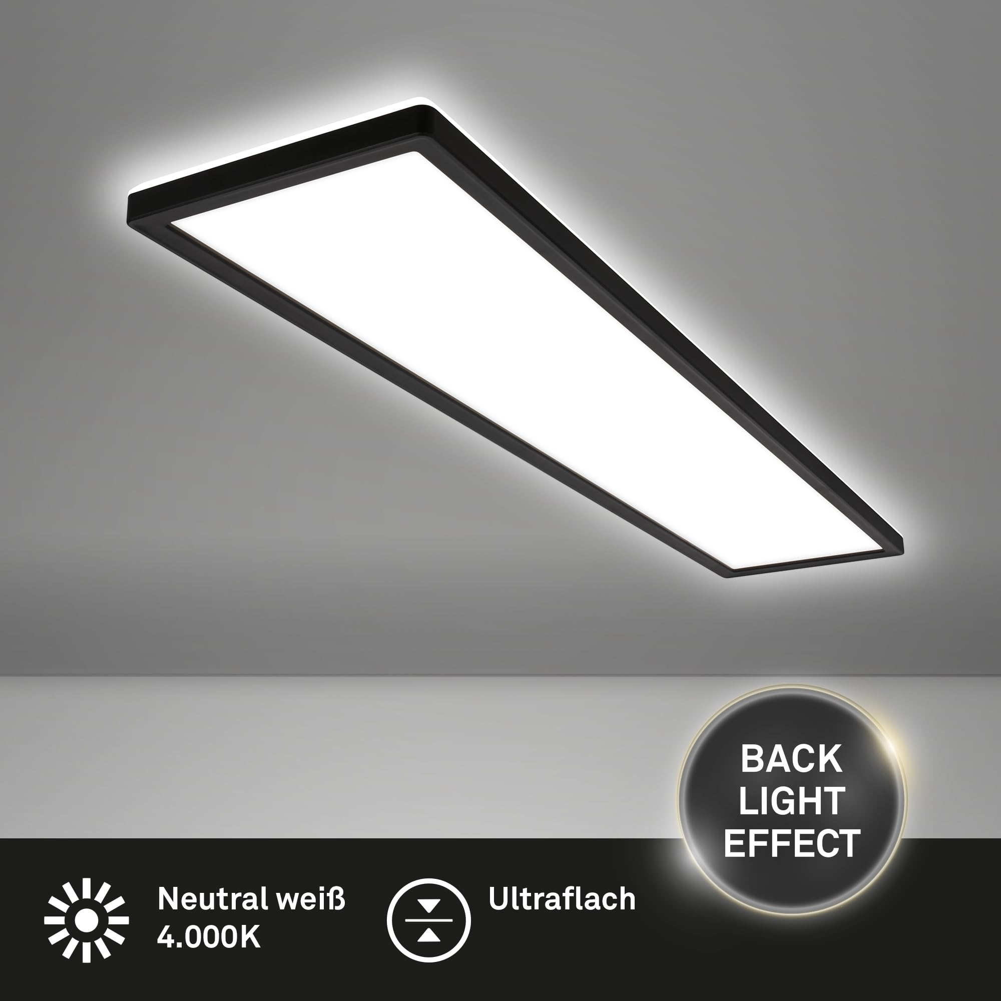 BRILONER - Lampa LED sufitowa 98 cm, płaska, ze światłem pośrednim, neutralna biel, do salonu, kuchni, panel LED, 98x20x3 cm, czarna – nowoczesny design i wydajność