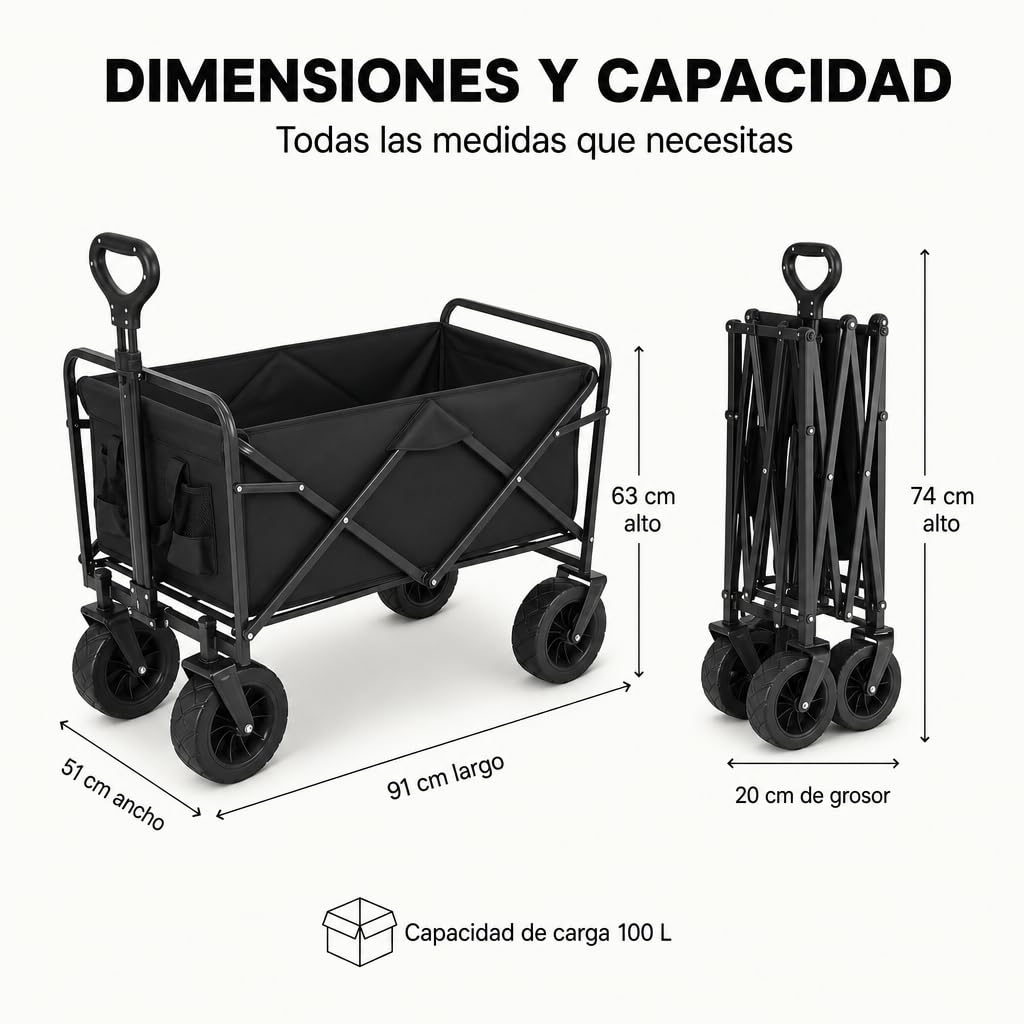 Carrito de Transporte Plegable con Ruedas Todo Terreno – Mango Telescópico Ergonómico, Ruedas Giratorias 360°, Bolsillos Laterales y Tela Extraíble para Playa, Jardín y Compra (150 KG)