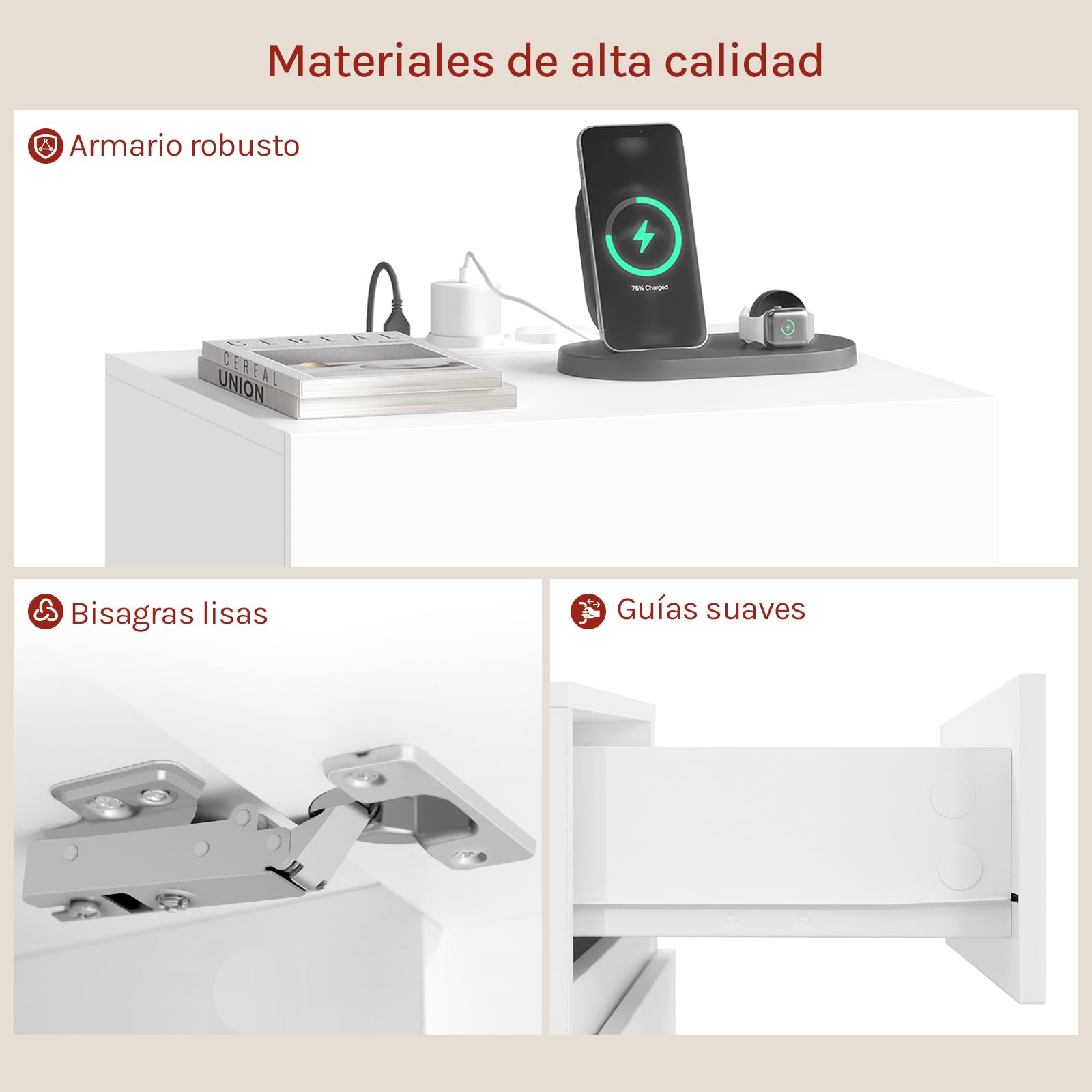 WOLTU Mesita Noche con Estación Carga, Mesa Auxiliar con Luz LED, 2 Cajones, 2 Puertos y 2 Enchufes, Mesilla para Dormitorio y Sofa, Blanco, NTS23ws