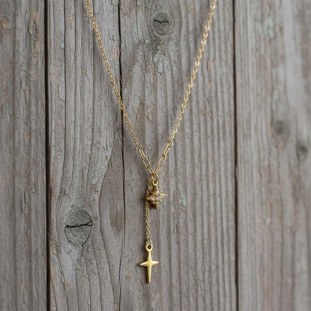 18K Yellow Gold Plated Lariat Y Necklace with CZ Star and North Star Charms Pendants for Women, Gold Plated over Stainless Steel, Tarnish Resistant, Waterproof, Length Measures 18-Inches with a 2-Inch Extension, Y Drop Measures 2 1/4-Inches