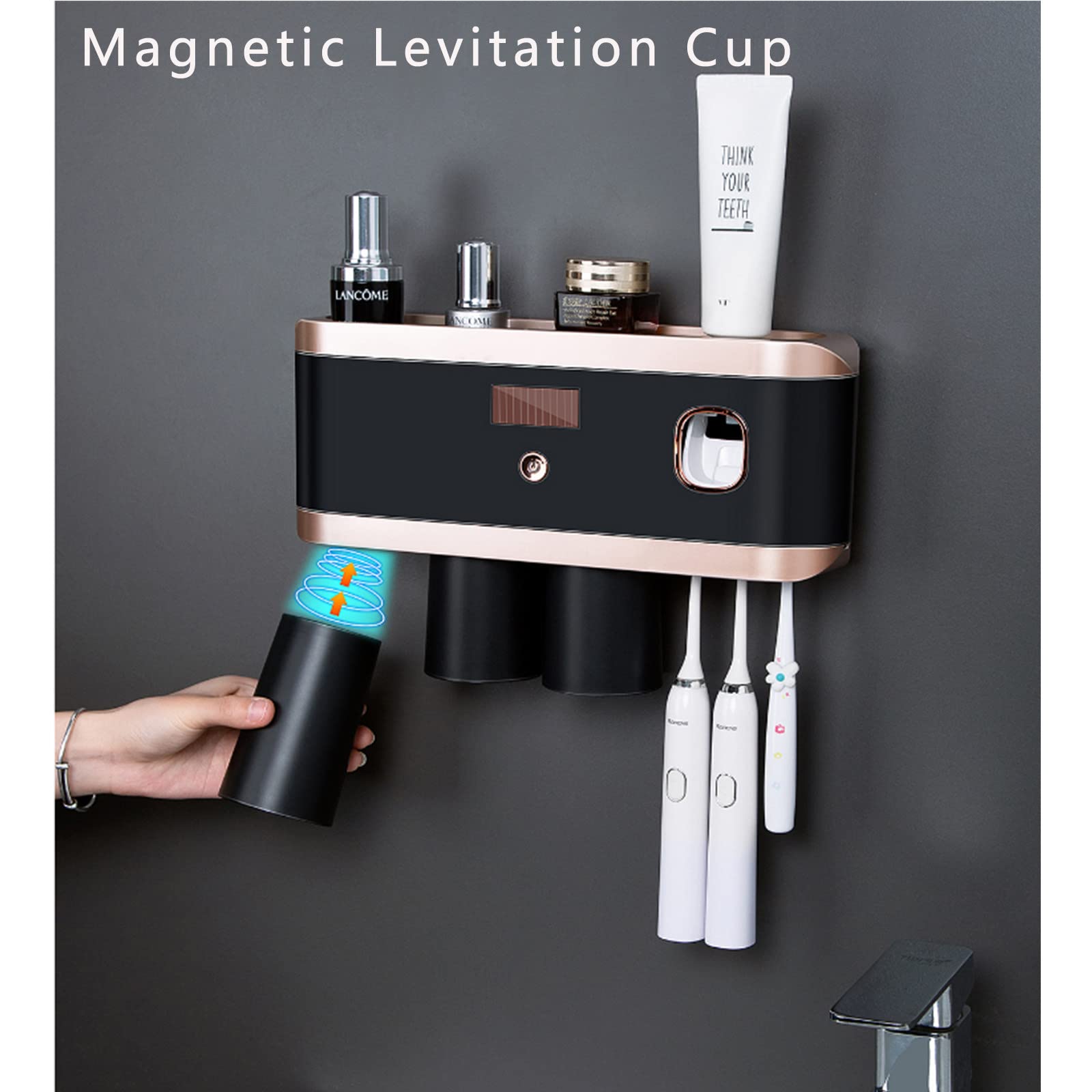 Porta Cepillo de Dientes, Soporte Cepillo de Dientes con Función Esterilizador, LED Dispensador Pasta Dientes, Organizador Baño Solar Recargable Negro