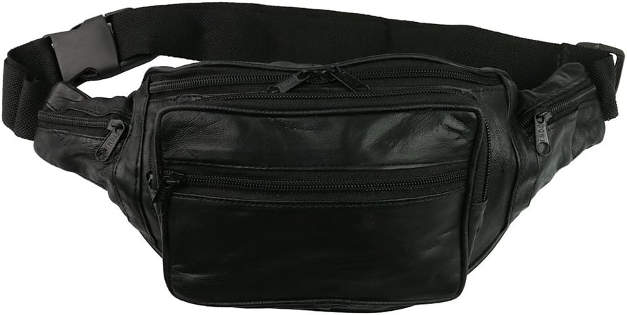 Large Leather Fanny Pack / Black Genuine soft Leather 6 Pocket Waist Bag
