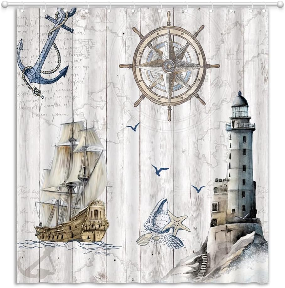 Nautical Shower Curtain Lighthouse Sailboat Compass Anchor Ocean Vintage Map Rustic Wooden Board Fabric Bathroom Decor Curtains Set with Hooks, 78"x70"