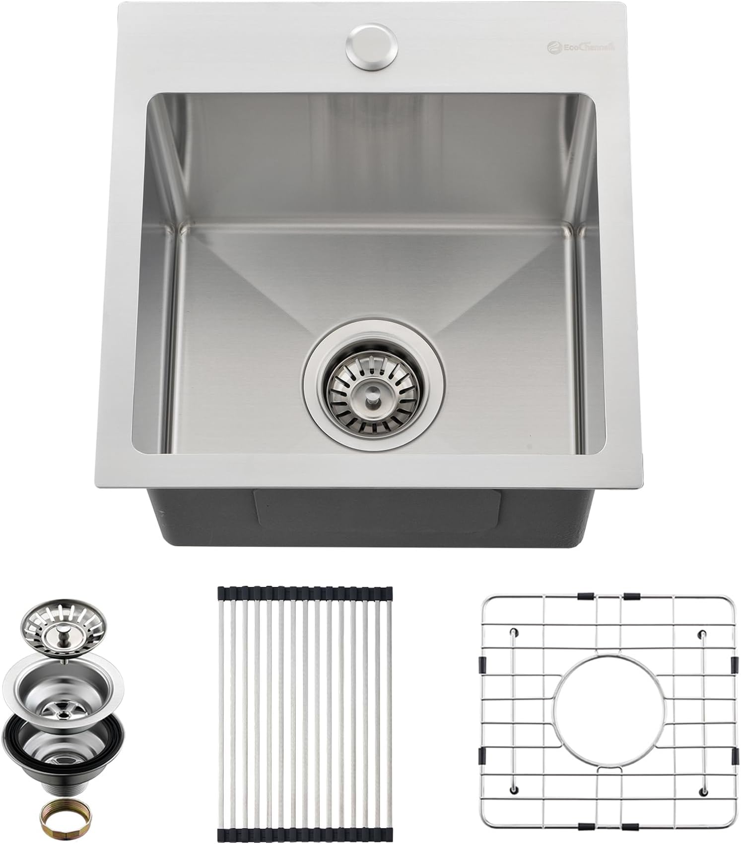 Drop In Kitchen Sink, 15 x 15 x 10 Inch Single Bowl Topmount Bar Sink 16 Gauge T-304 Stainless Steel Kitchen Sinks with Accessories
