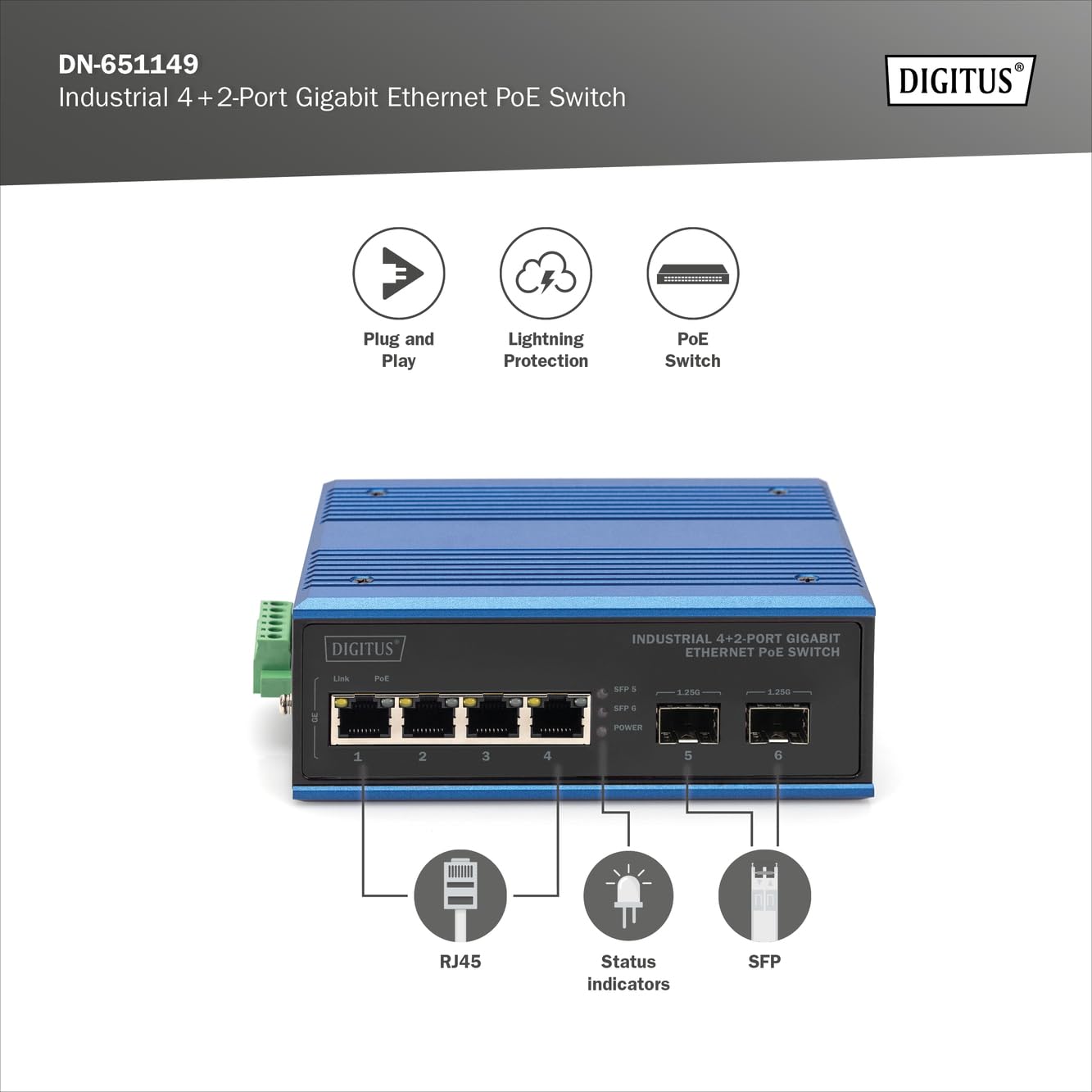 Digitus Industrieller PoE Netzwerk-Switch – 4X RJ45 + 2X SFP –bit/s – Bild 2