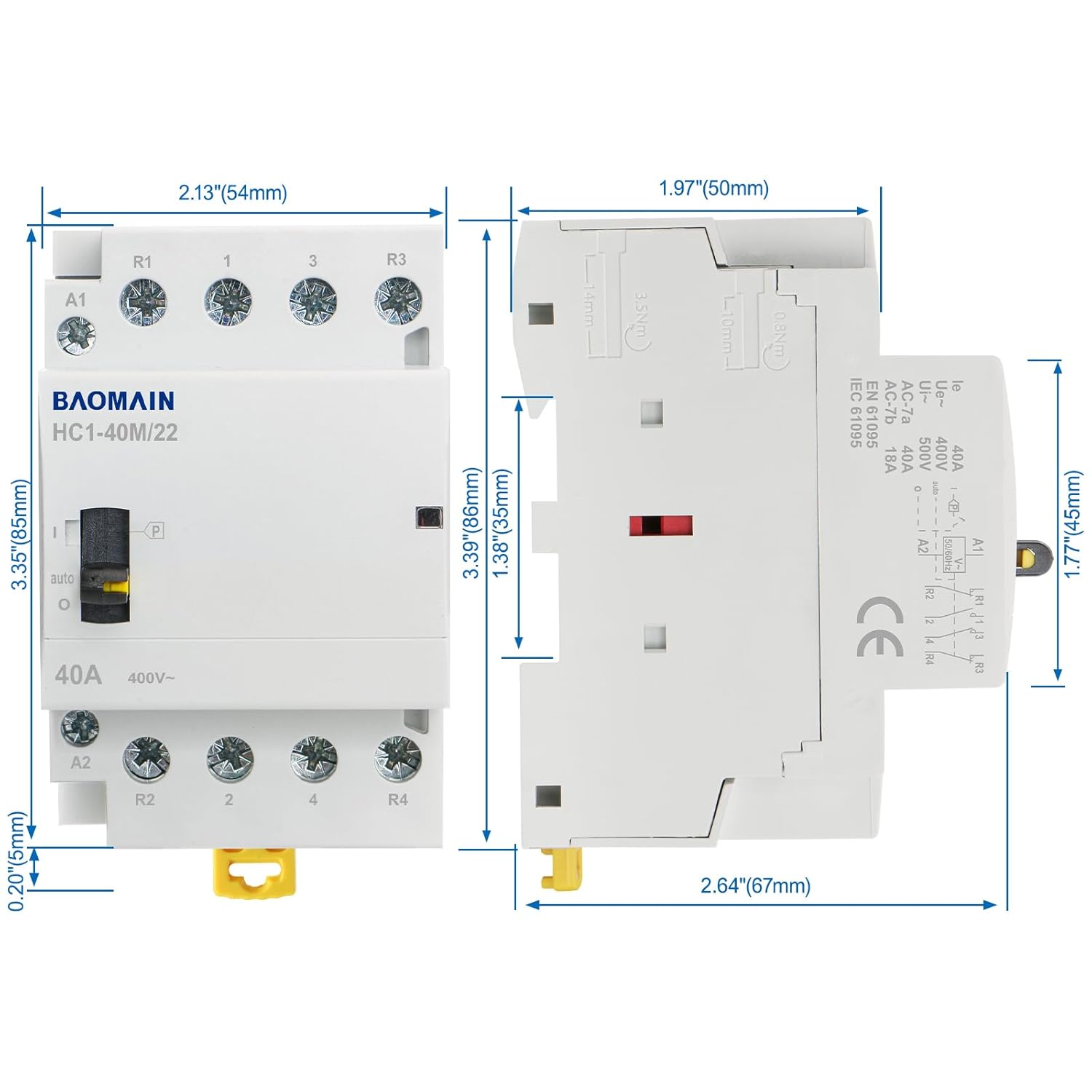 Baomain 110V AC 4-Pole Contactor, 40A 2NO2NC Normally Open + Normally Closed, DIN Rail Mount - Manual & Automatic Switchable for HVAC, Motor, Pump, Lighting HC1-40M/22-110VAC