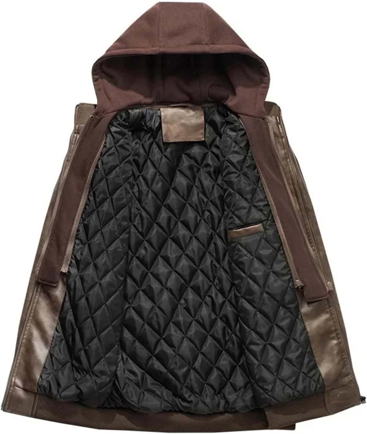 Men's Leather Jacket Fashion Stand Collar Cotton Warm PU Faux Leather Zip-Up Hooded Motorcycle Coats