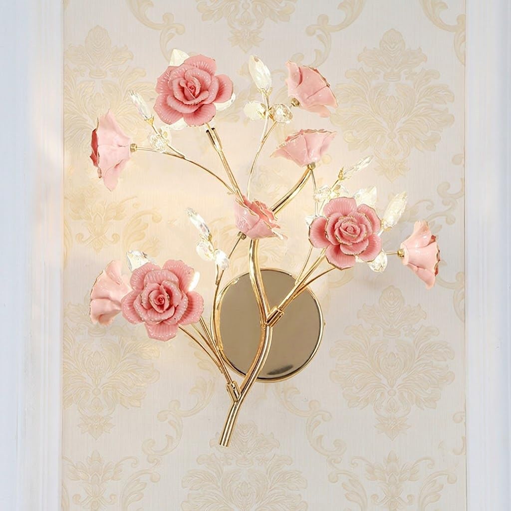 COSRUB Floral Ceramic Wall Lights, Gold Branch Wall Sconce for Bedside