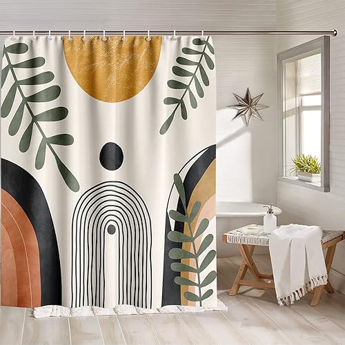 Cortinas de ducha bohemias para baño, color beige, bohemio, decoración de baño, elegante juego de cortina de ducha bohemia de tela de mediados de