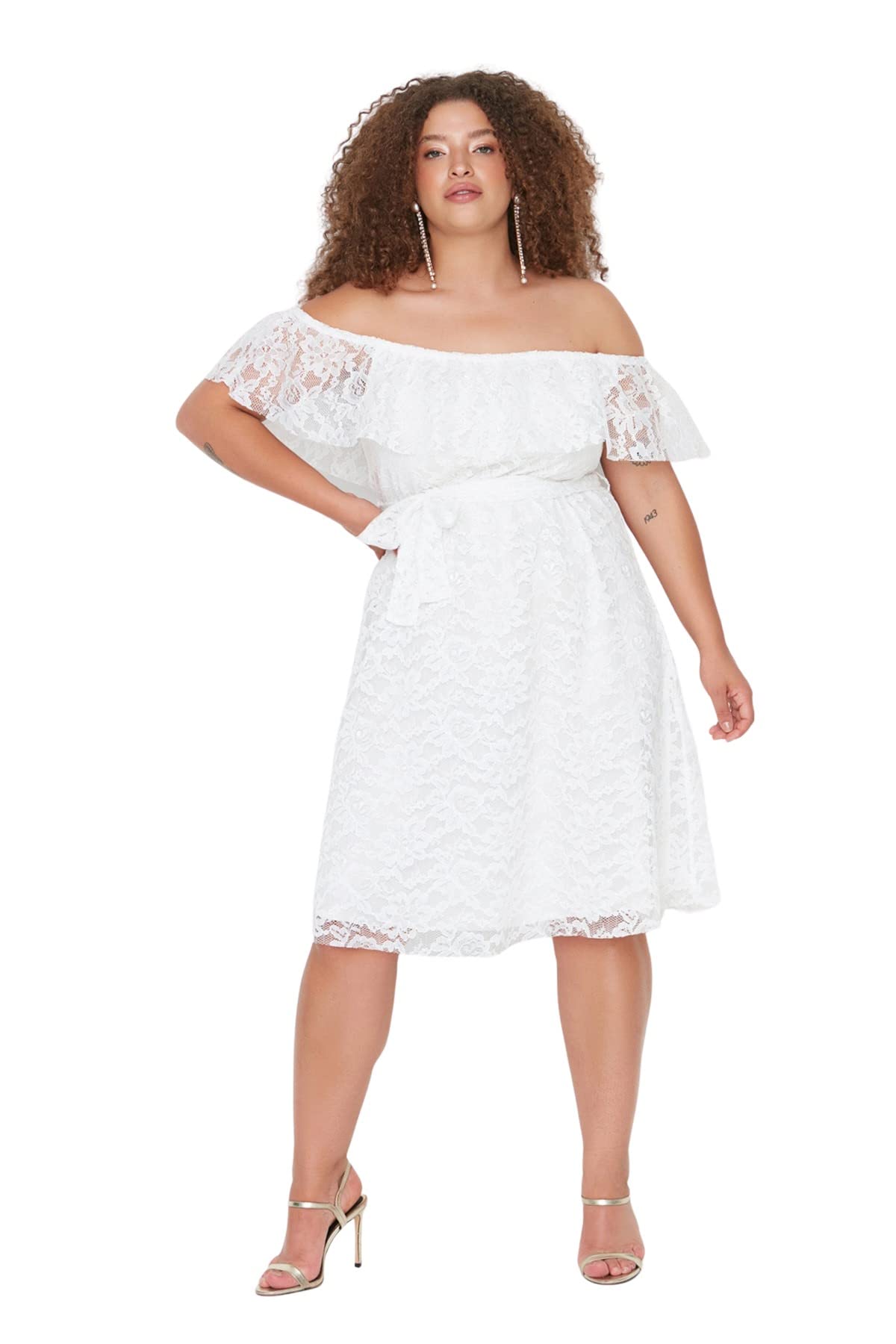 Trendyol Women Plus Size Mini Basic Regular Knit Plus Size Dress Ecru