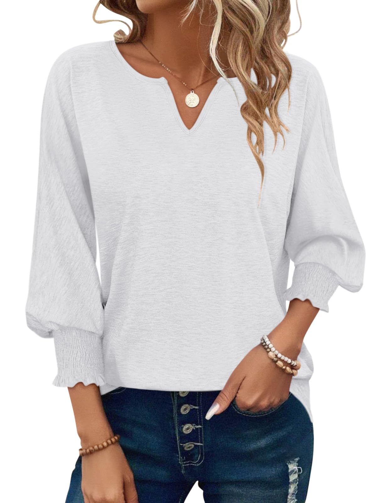 PGANDS Women's 3/4 Sleeve V Neck T Shirts Ruffle Sleeve Summer Casual Tops