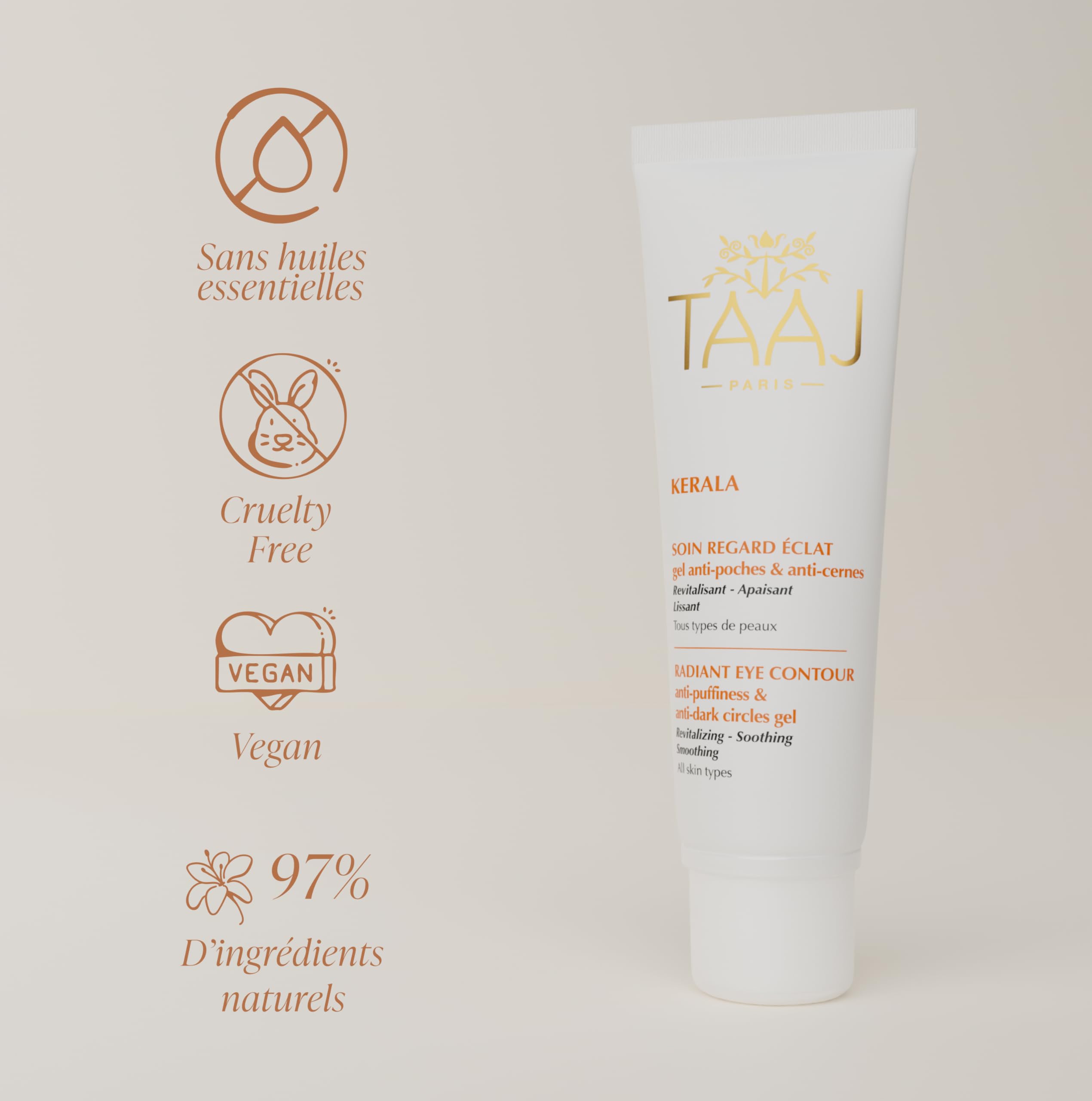 TAAJ | Soin Regard Éclat - KERALA | Gel Anti-Poches & Anti-Cernes | Atténue les marques liées à la Fatigue & Stress | Riche en actifs Régénérants | Lisse le contour de l’oeil| Aloe Vera | 30 ml