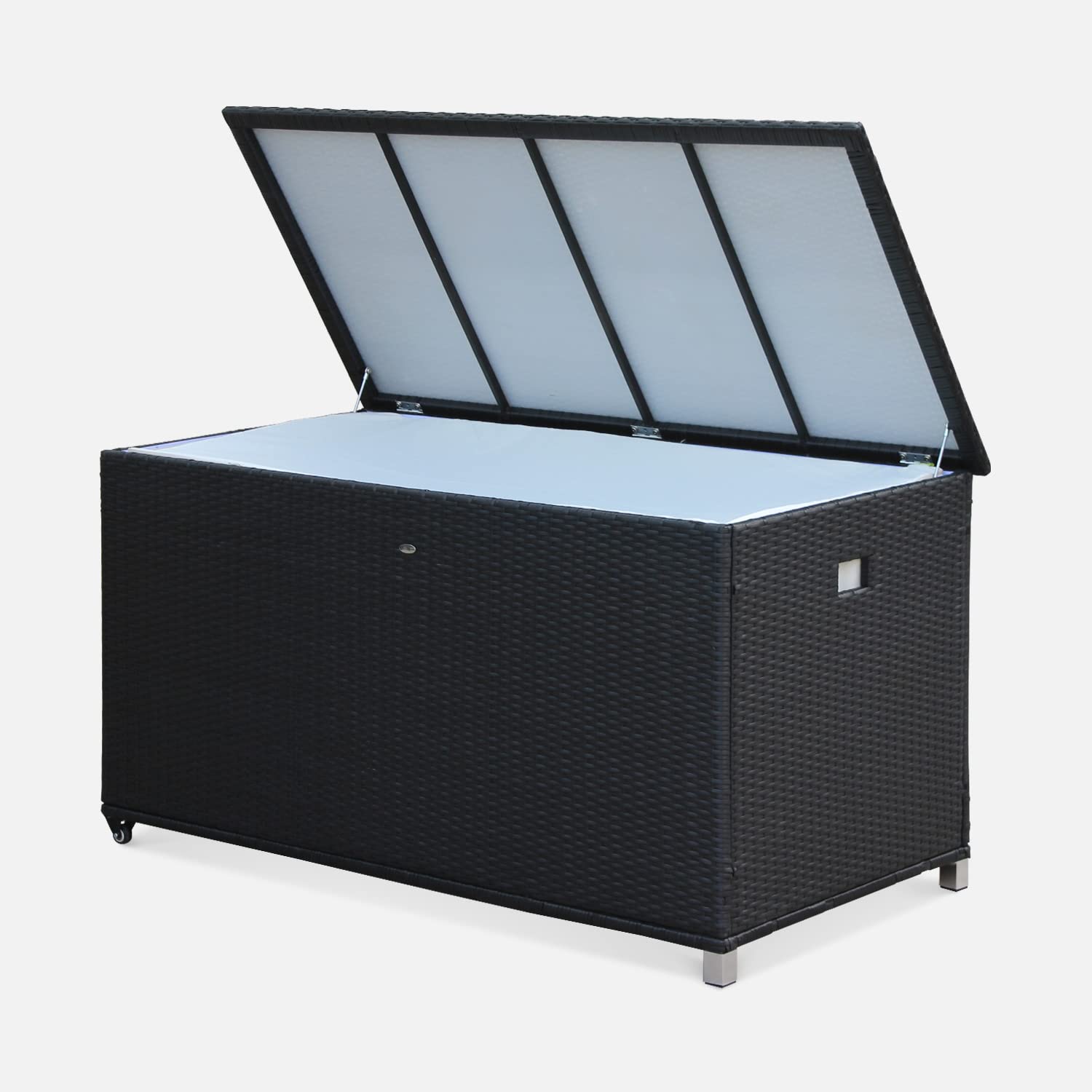 Coffre de jardin en résine tressée Cassapanca Noir 790L 162x82cm rangement coussins
