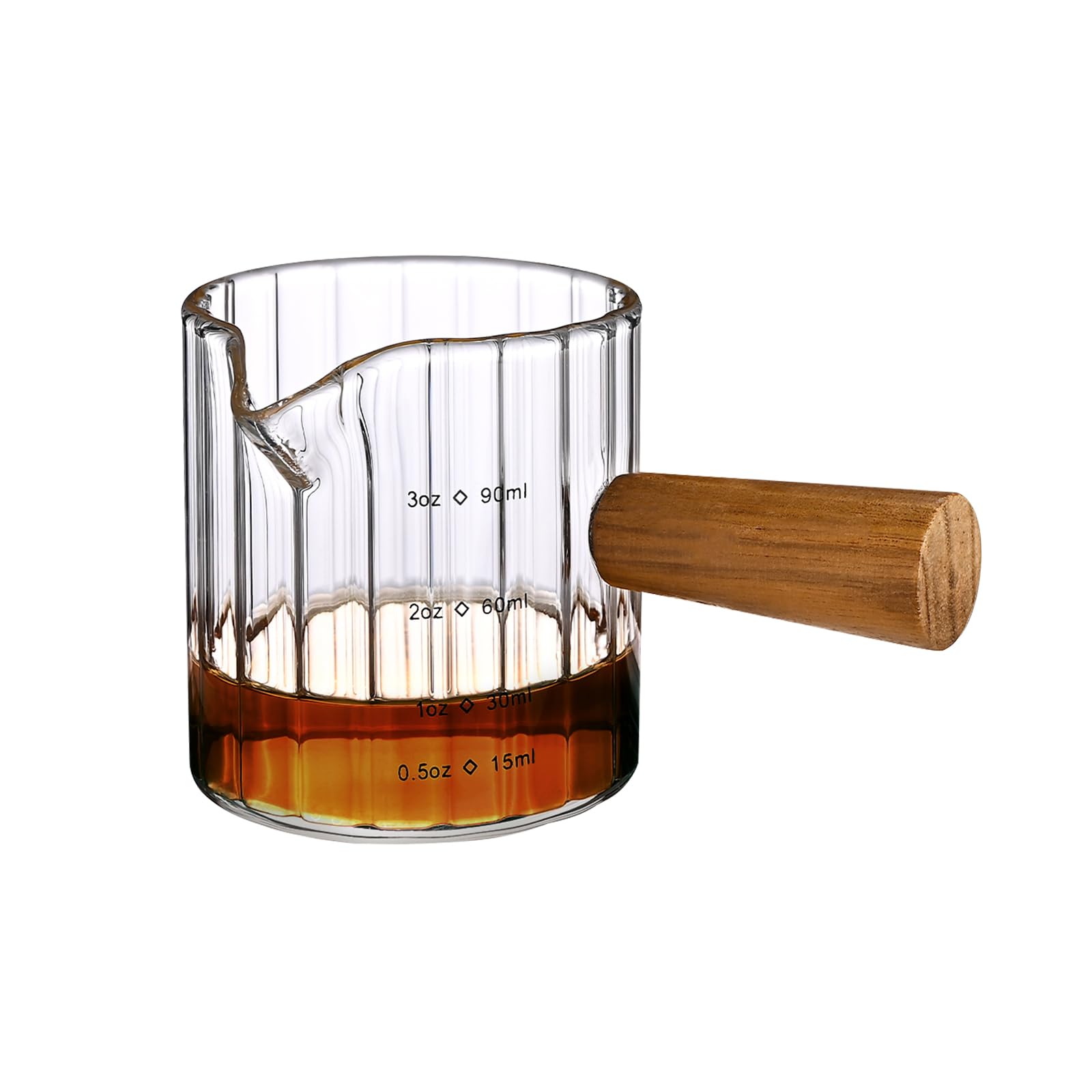 Denovin Glass Measuring Cup, 3oz Espresso Shot Glass with Wood Handle, Single Spout Clear Measuring Cups Pitcher Milk Cup Coffee Shot Glasses (Transparent Ribbed)