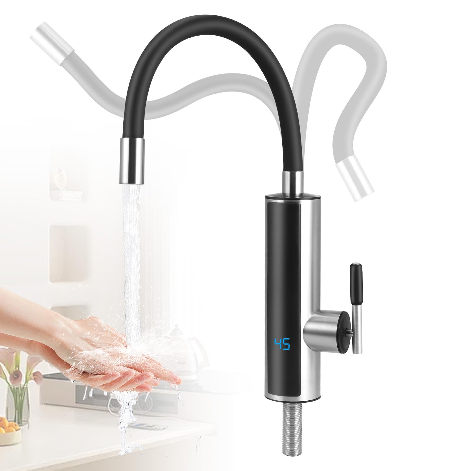 Robinet Chauffant, 3000W Chauffe-eau Instantané Electrique, Inoxydable Robinet Électriques de Cuisine avec Affichage de la Température LED et Tuyau en Silicone Rotatif à 360°, Max. 60℃