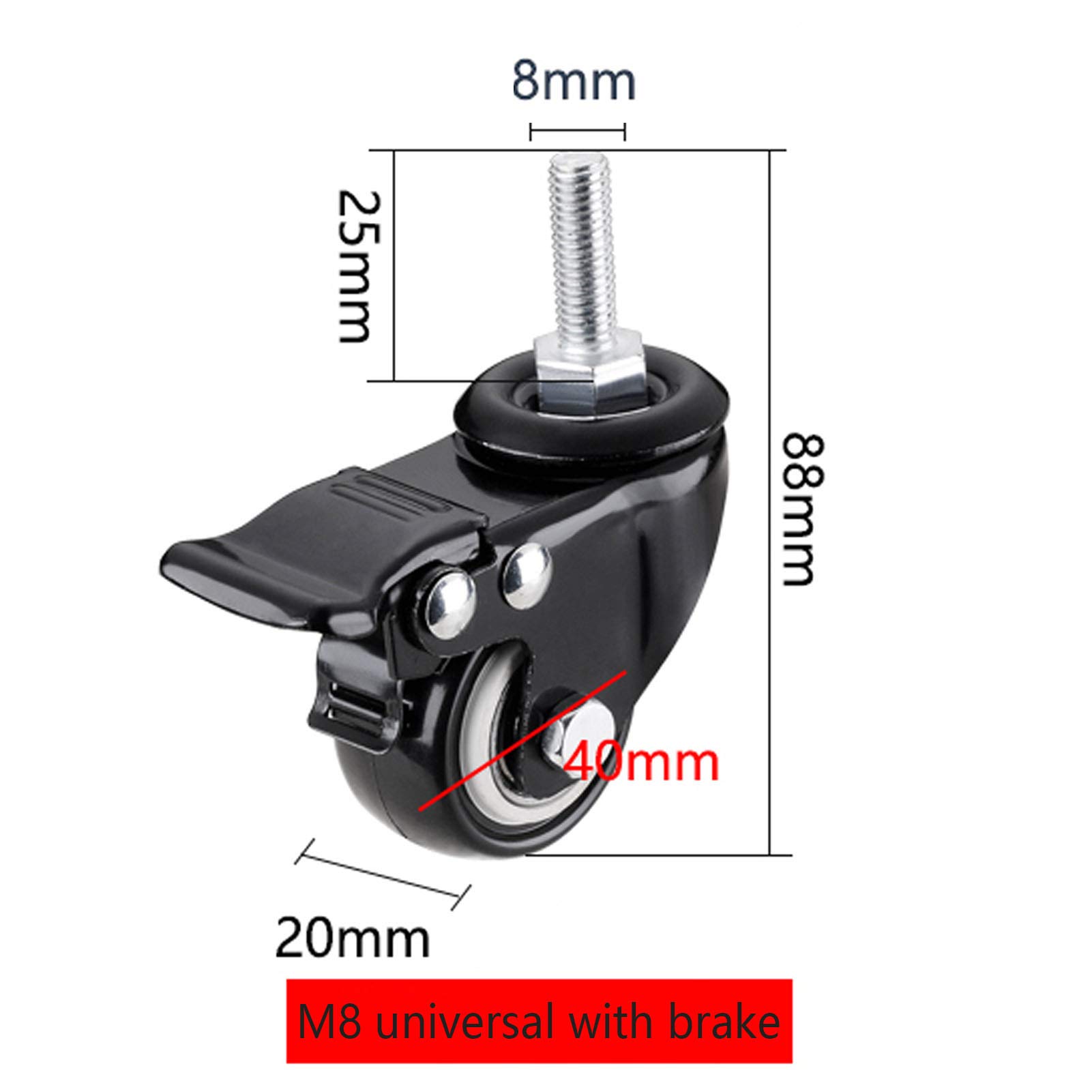 4 Ruedas móviles (2 con Freno, 2 sin Freno) con Varilla roscada (M8, M10) Ruedas para Muebles y carros de Equipaje, Cada Rueda Tiene una Capacidad de Carga de 60 kg (10 mm)