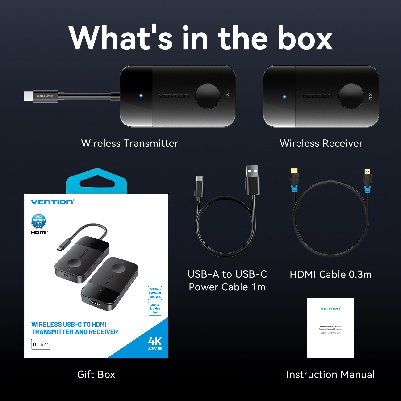 VENTION Trasmettitore e Ricevitore HDMI Wireless 4K@30Hz, Estensore USB C a HDMI 5G (50M/165FT) con Ricarica PD 60W – Streaming Video da Laptop, Telefono, Tablet a Monitor, Proiettore, TV