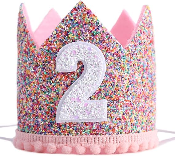 Birthday Crown for 2nd Birthday, Pink Rainbow Sequined Crown with Glitter Number, 3.5x3.1 Inch, Party Hat