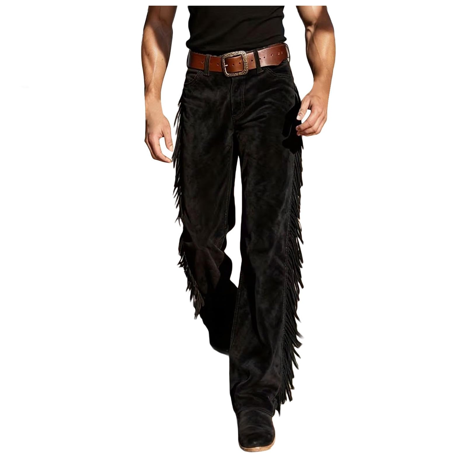 Men's Western Fringe Trouser Vintage Suede Look Wide Leg Pants Cowboy Style Halloween Costume Bottoms Retro Flare Jeans with Side Fringing for Themed Parties (XL) Black