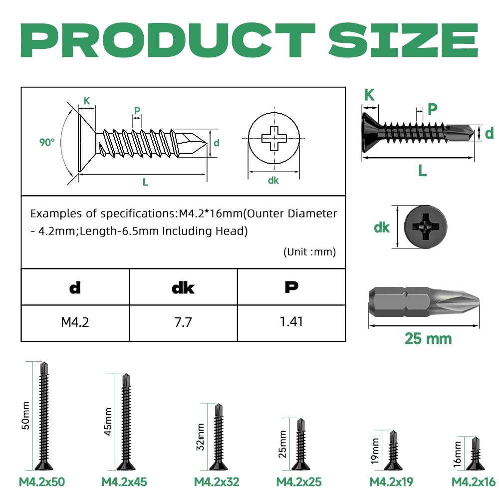 Jyvex 210 pcs Black Self Tapping Screws metal, M4.2x25mm Self Drilling Screws - Image 2