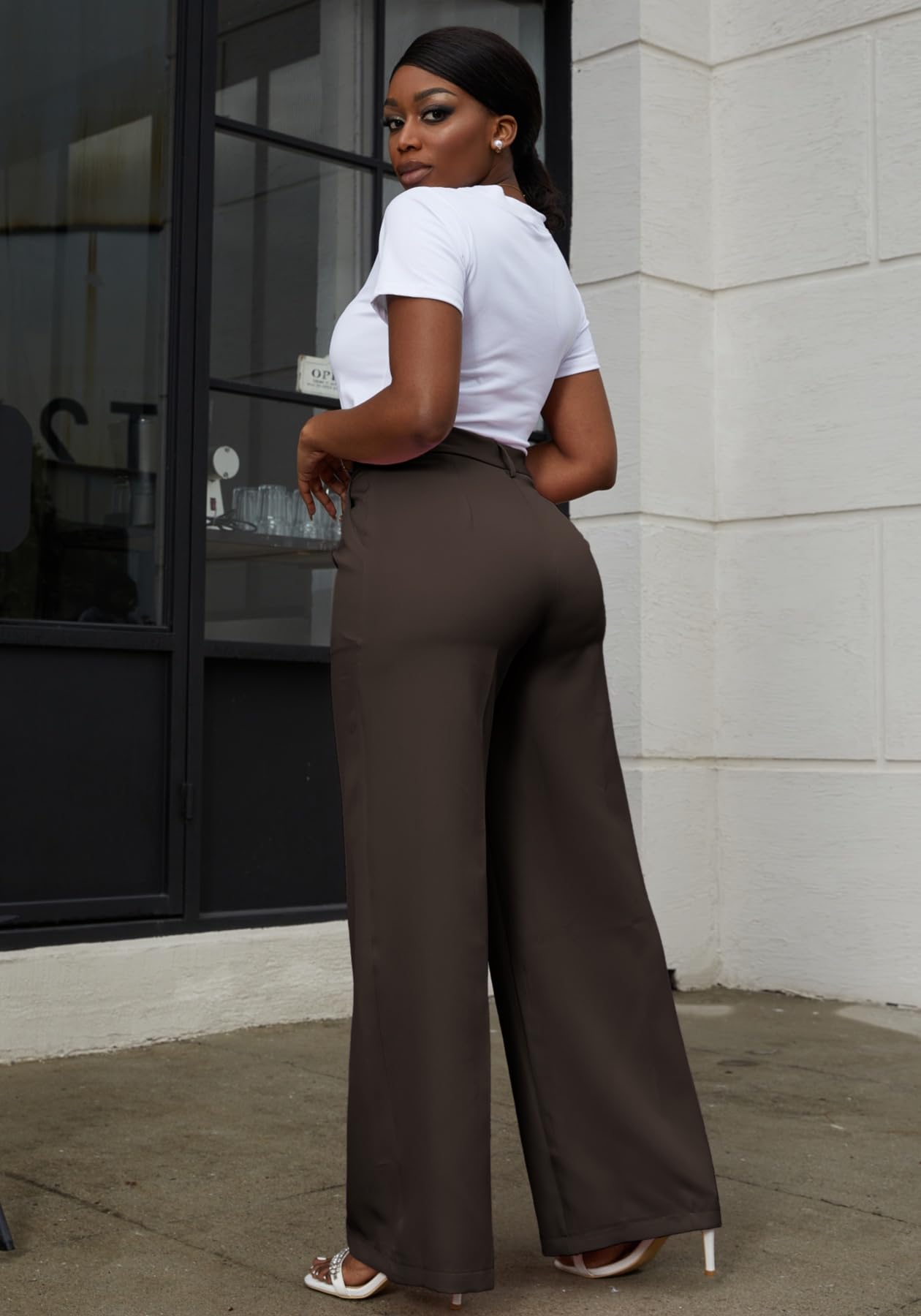 Lucuna Pantalones de vestir de pierna ancha para mujer, cintura alta, pierna recta, pantalones de trabajo para negocios, oficina