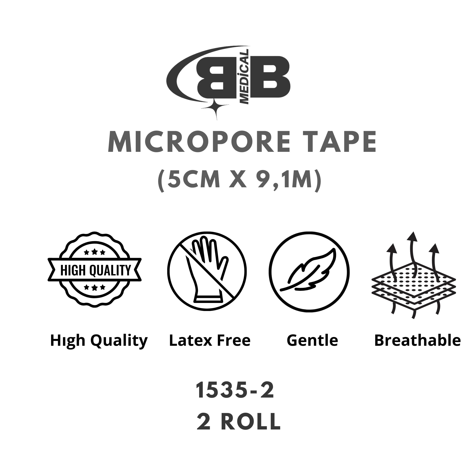 BB - Cinta quirúrgica microporosa con dispensador 1535-2, 2 pulgadas x 10 yardas (5 cm x 9,1 m), 2 rollos