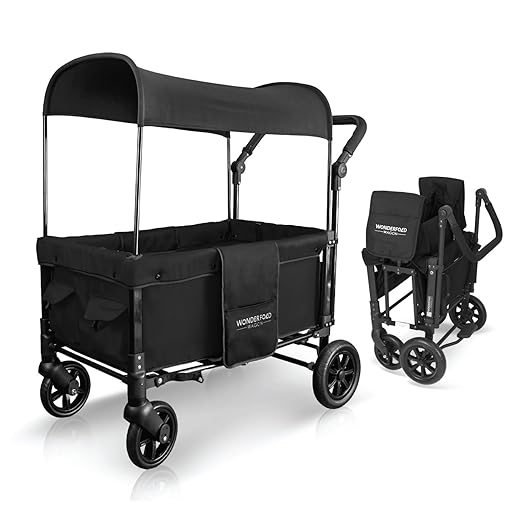 WONDERFOLD W1 Original Stroller Wagon (2 Seater) - Collapsible Wagon Stroller with Seats with 5-Point Harnesses, Adjustable Push Handle, and Sun Canopy, Jet Black