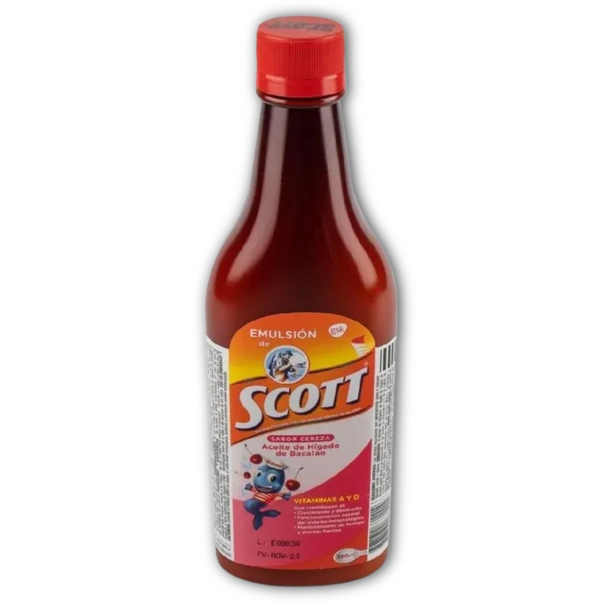 YahveEmulsion de Scott Sabor Cereza (Cherry) (360 ml - 12.17 Fl Oz) Aceite de hígado de bacalao con vitamina A y Calcio, suplemento dietético para niños -
