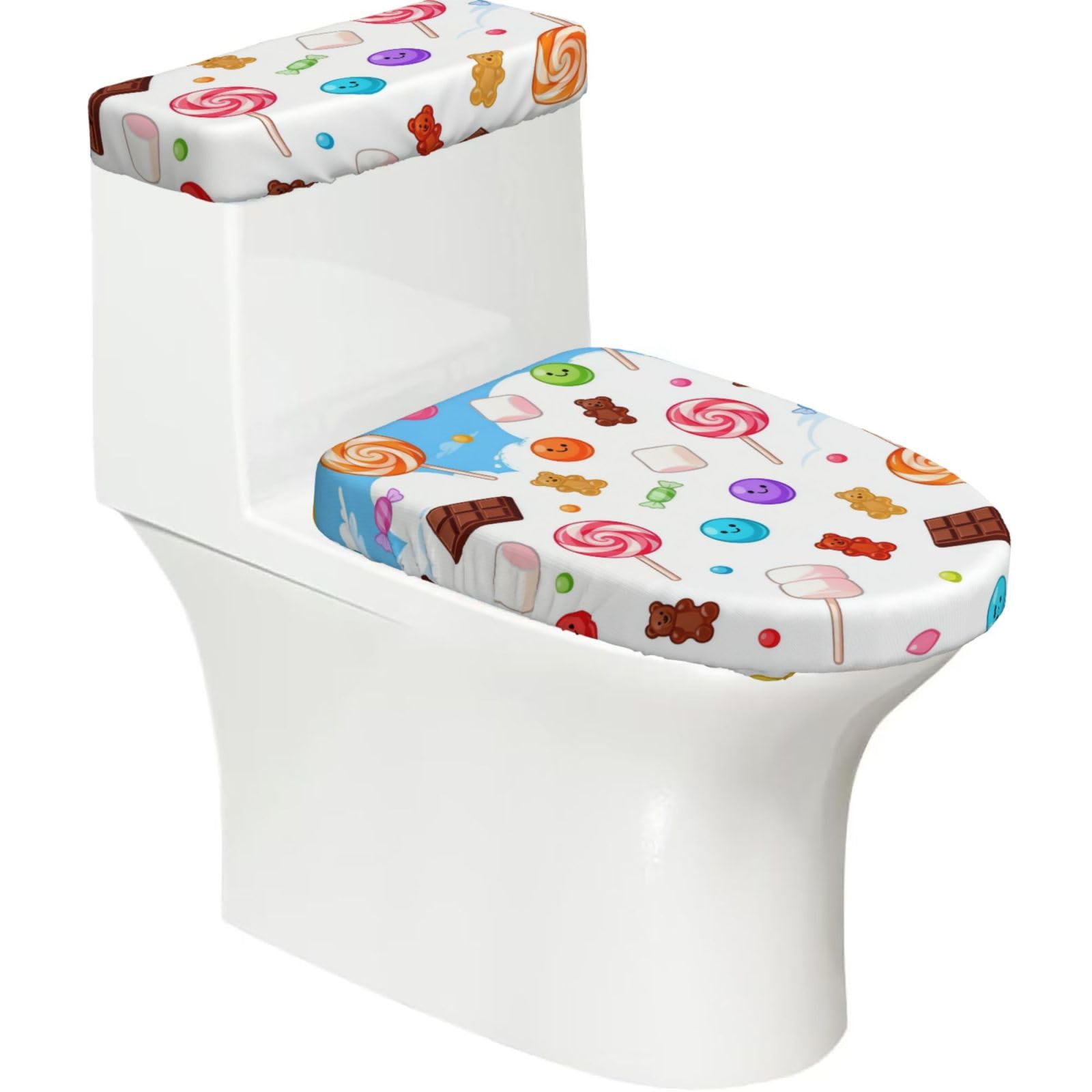 Candy Rain Elastic Toilet Cover Set of 2-Stretchy Lid and Tank Covers for Bathroom, Soft Washable U Shape Toilet Decor