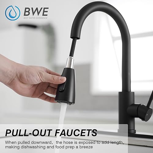 Miniatura 3 de BWE - Grifos de cocina negros con rociador extraíble, grifo de cocina de una sola manija de acero inoxidable para fregadero de cocina con grifo