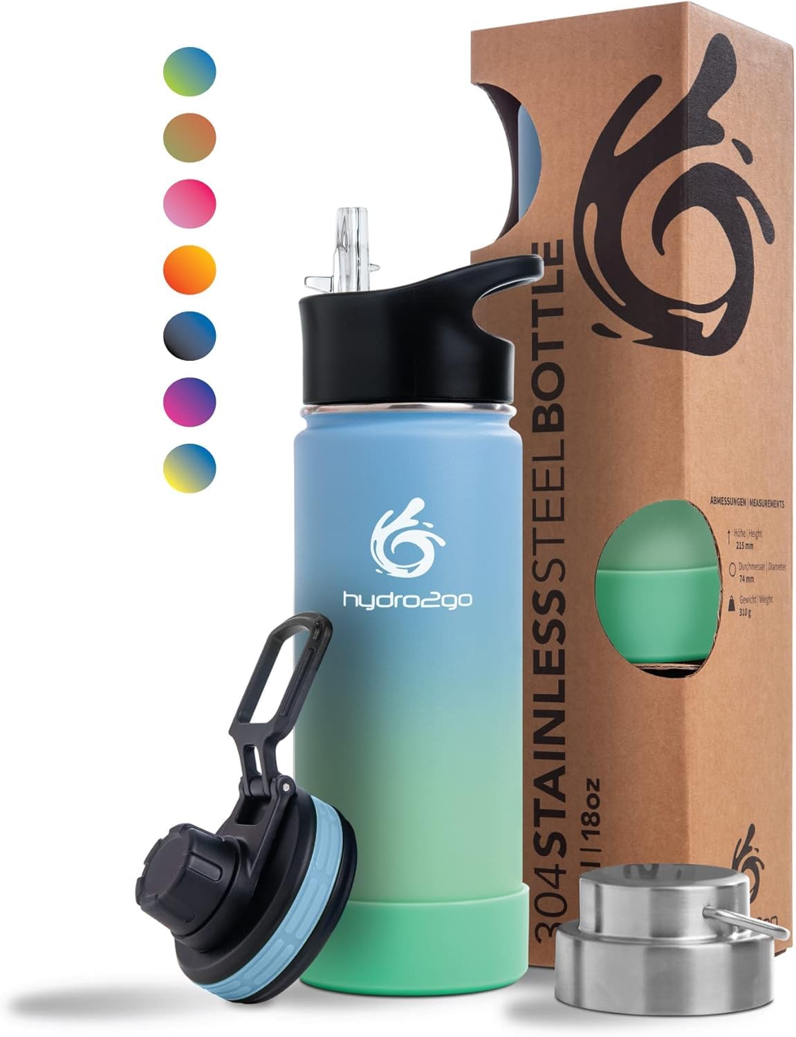 Sponsored Ad – hydro2go Stainless Steel Water Bottle 530ml, BPA-free, keeps drinks hot 12H & cold 24H, for kids, school, sports & outdoor, includes 3 caps Lagoon