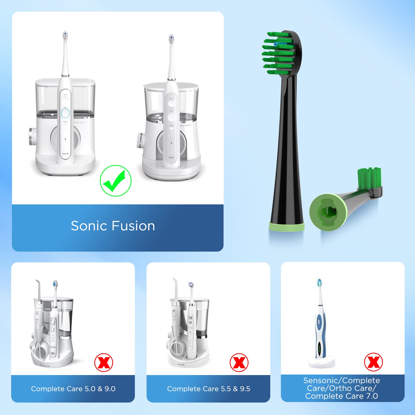 Cabezales de repuesto para todos los modelos Waterpik Sonic Fusion, 10 unidades | Cabezales de cepillo de dientes de repuesto compactos con cubiertas para Waterpik SF-01, SF-02, SF-03 y SF-04 Series