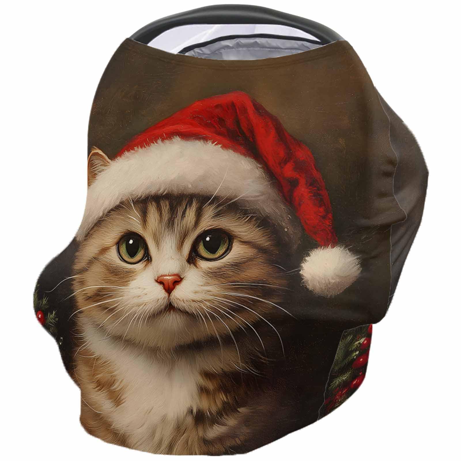 Nursing Cover for Breastfeeding Scarf, Cat Christmas Plants Berries Painting Baby Car Covers Super Soft Multi Use for Canopy Shopping Cart Cover Blanket Stroller Cover