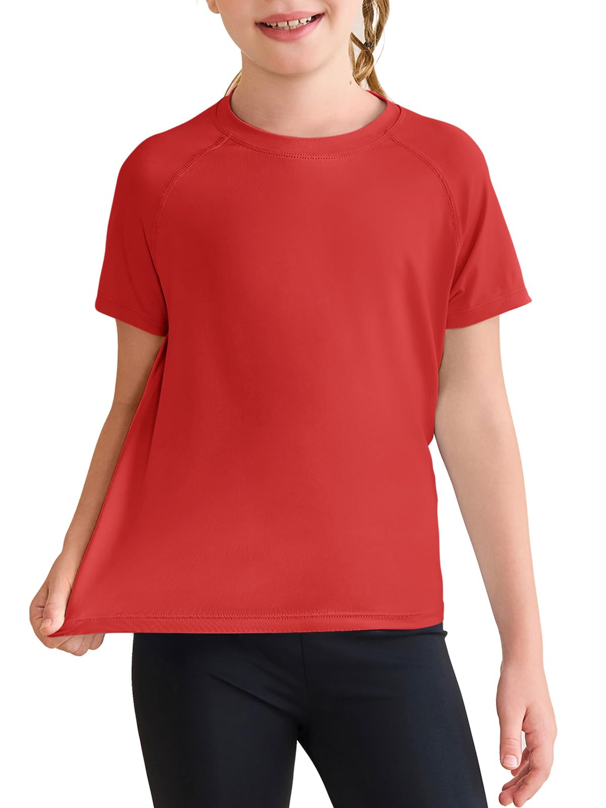 Haloumoning Girls Athletic Shirts Short Sleeve Quick Dry T-Shirt Kids Summer Tee Tops 5-14Y Red