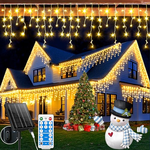 XZAI Solar Icicle String Lights 800LED 50FT Warm White Remote Connectable 2400mAh USB Rechargeable 8 Modes Timer Dimmable IP65 Waterproof Twinkle for Outdoor Christmas & Wedding & Party Decors