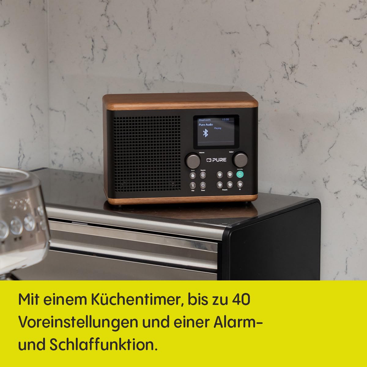 Pure Classic H4 DAB+ Radio – Digitalradio mit Bluetooth 5.3, 10W Lautsprecher, 2.4'' TFT‑Farbdisplay, Küchen‑Timer, Wecker, 80 Sender, AUX‑In, USB, stilvolles Küchenradio Kaffeebraun/Walnuss