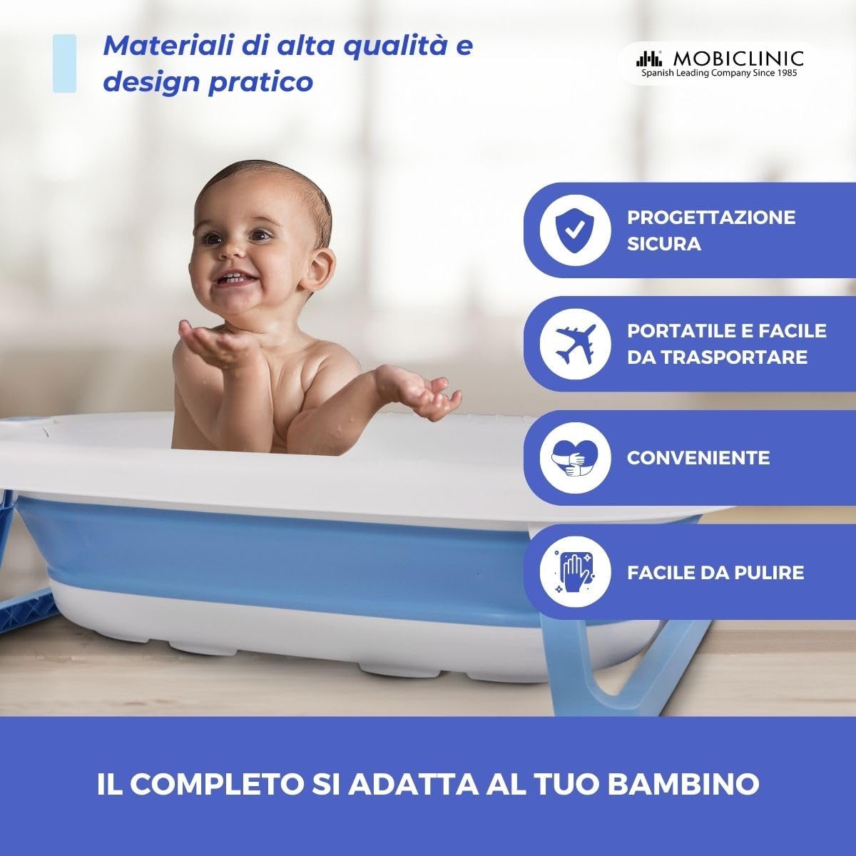 Mobiclinic® kids, Vaschetta bagnetto neonato, Pieghevole, Bubba, Design interno antiscivolo, Facile trasportare, Maniglia per appenderla, Include tubo di drenaggio, Piedini, Sicuro, Blu