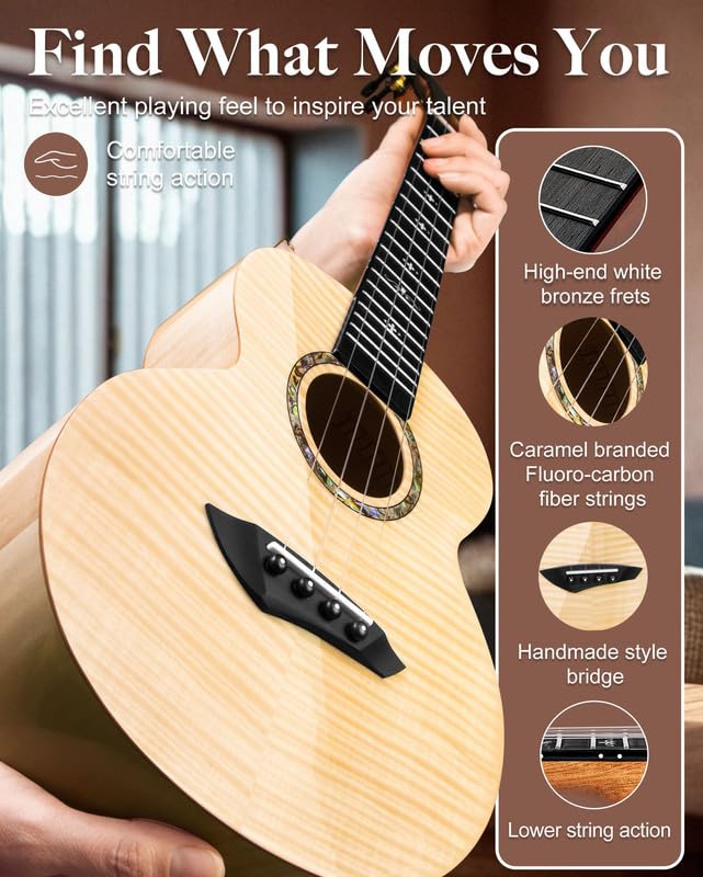 Caramel CAG64 Glossy White Curly Maple 23" Concert Ukulele for Beginner | Handmade Ukelele Starter Kit