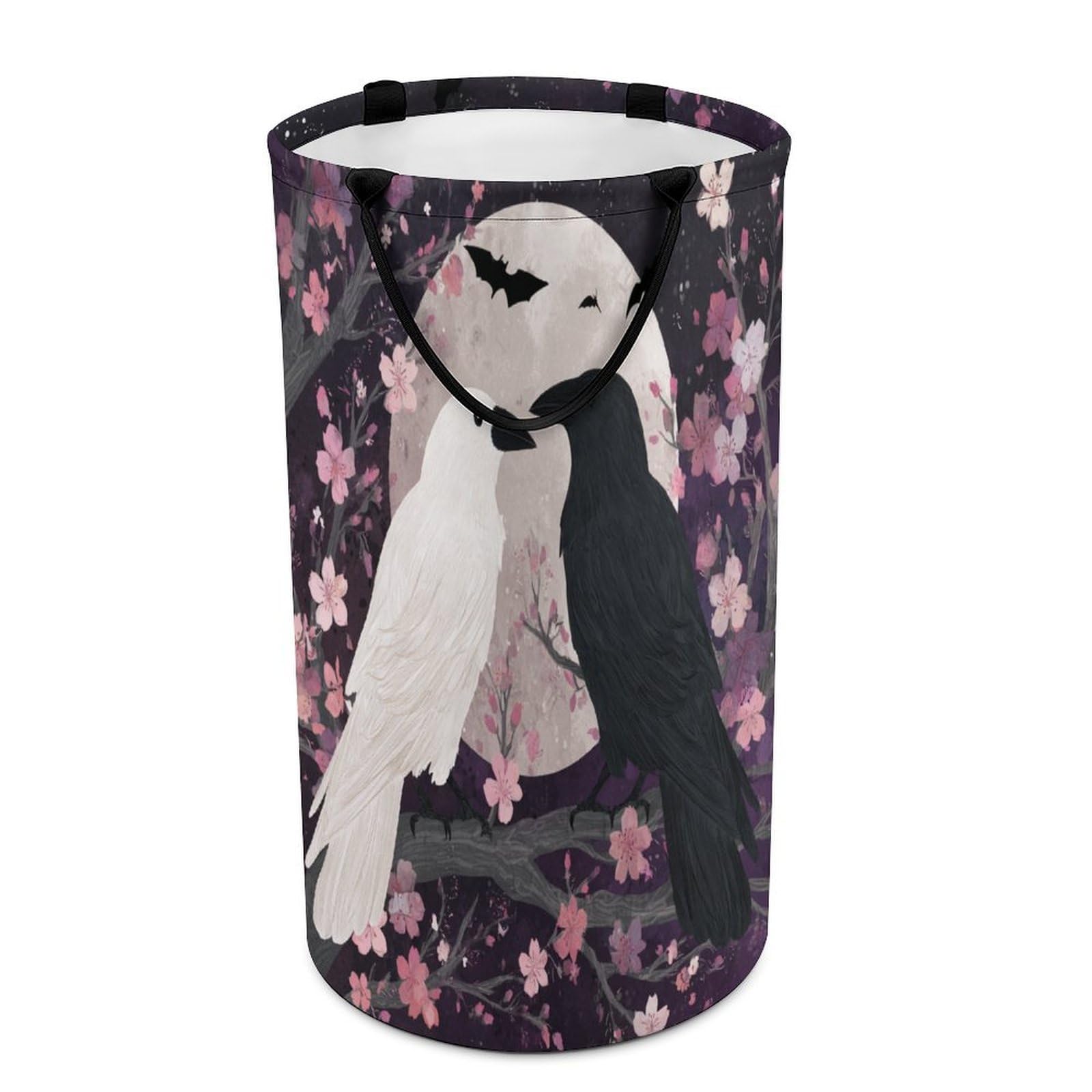 LUYYSKY Colorful Realistic Raven Couple Collapsible Dirty Clothes Basket, Gothic Watercolor Full Moon Japanese Cherry Blossom Animal Bat Portable Clothes Storage Laundry Basket-40 CM Dia, 69 CM High