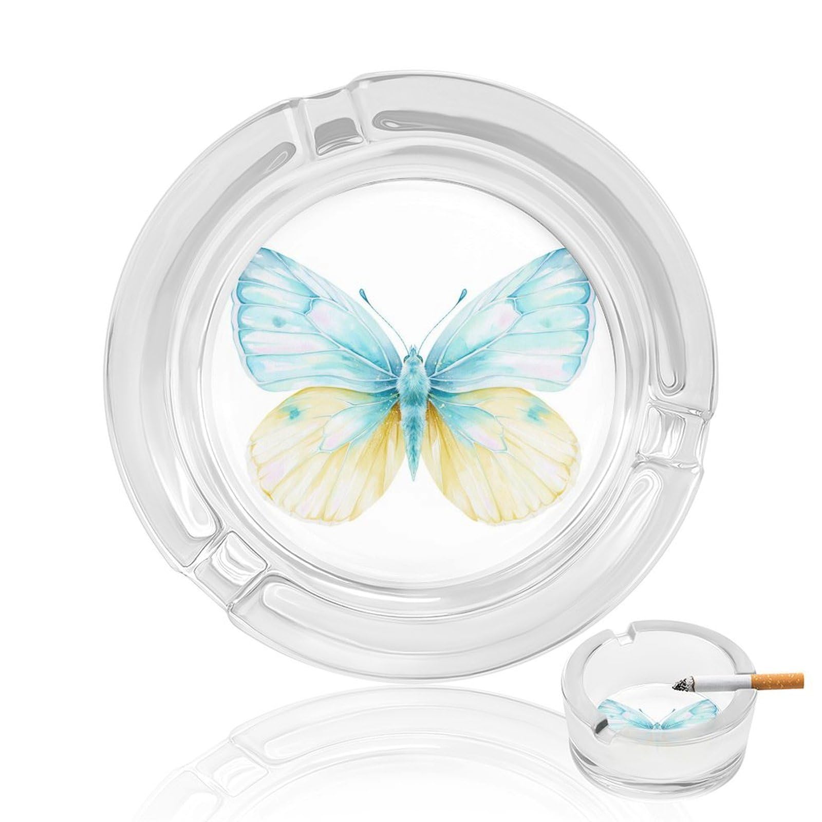 Butterfly with Pale Blue And Lemon Yellow Wings Glass Ashtray for Cigarettes Portable Decorative Ash Trays for Home Office Decor