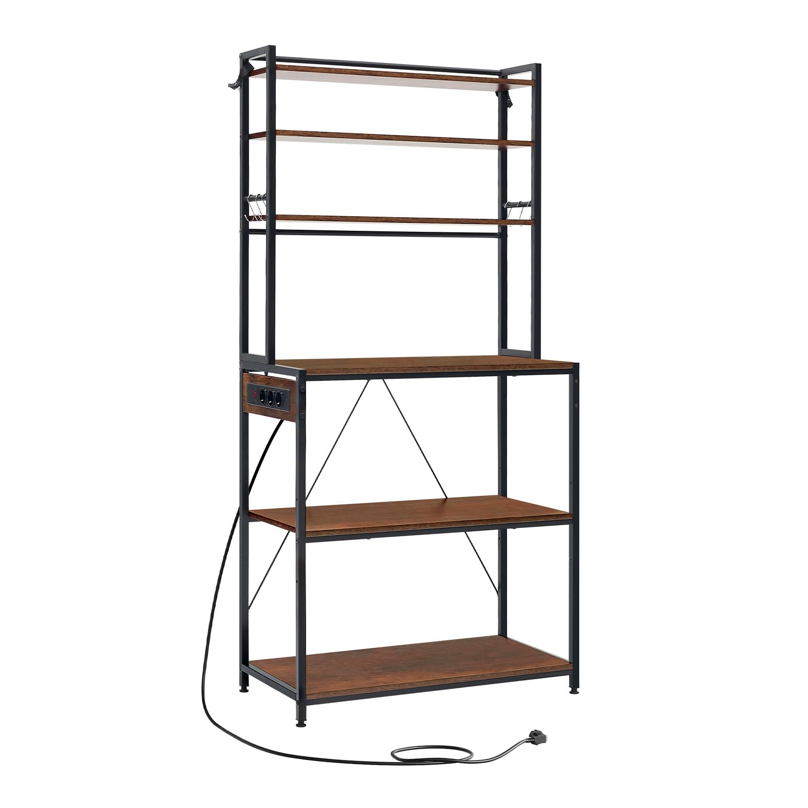 WOLTU Scaffale da Cucina a 6 Livelli con Prese di Corrente, Scaffale per Microonde con Struttura in Metallo e Piano di Lavoro Aperto, Nero+Marrone Rustico, 80x39,5x167cm