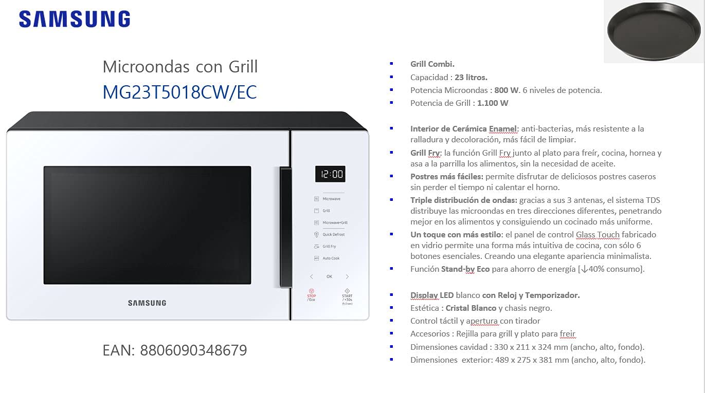 SAMSUNG MG23T5018CW Micro-ondes avec grill 23L 800 W, céramique émail, grill Fry et stand by Eco, couleur blanche